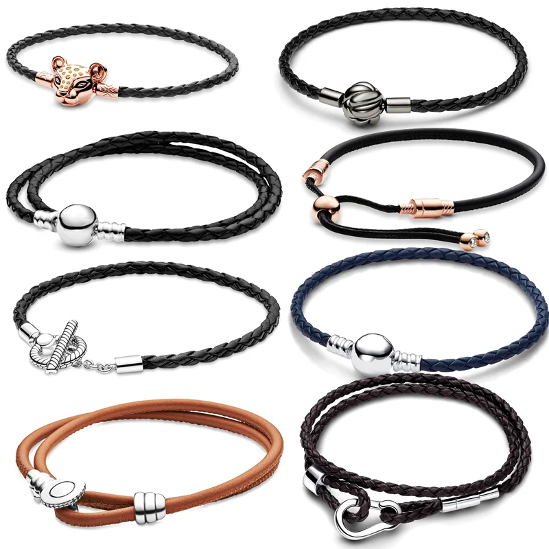 925 Sterling Silver Blue Black Brown Braided Double Leather Round Leopard Head Clasp Bracelet Original Pan Charms DIY Jewelry