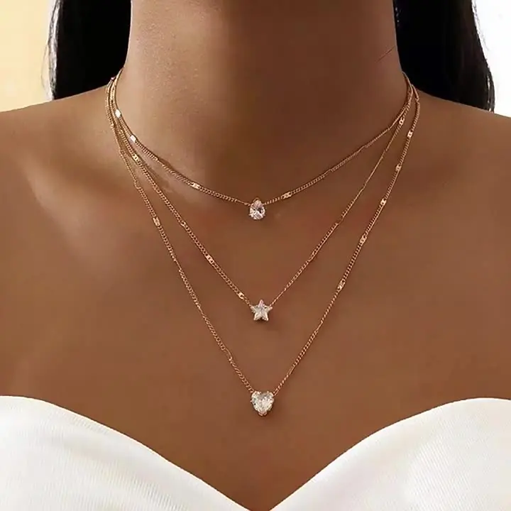 Rinhoo Multi Layer Vintage Necklaces Gold Silver Plated Stacked Rhinestone Love Star Water Drop Heart Pendant Women Girl Jewelry