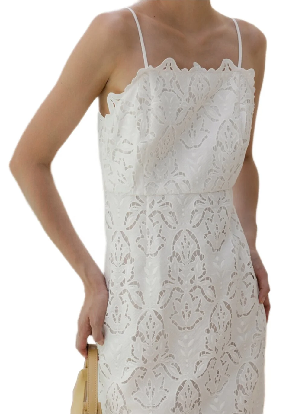 Hot Custom Elegant Pure Fashion White Lace Embroidery Floral Dress Simple Design Spaghetti Strap Clothes Women Dress Midi Length
