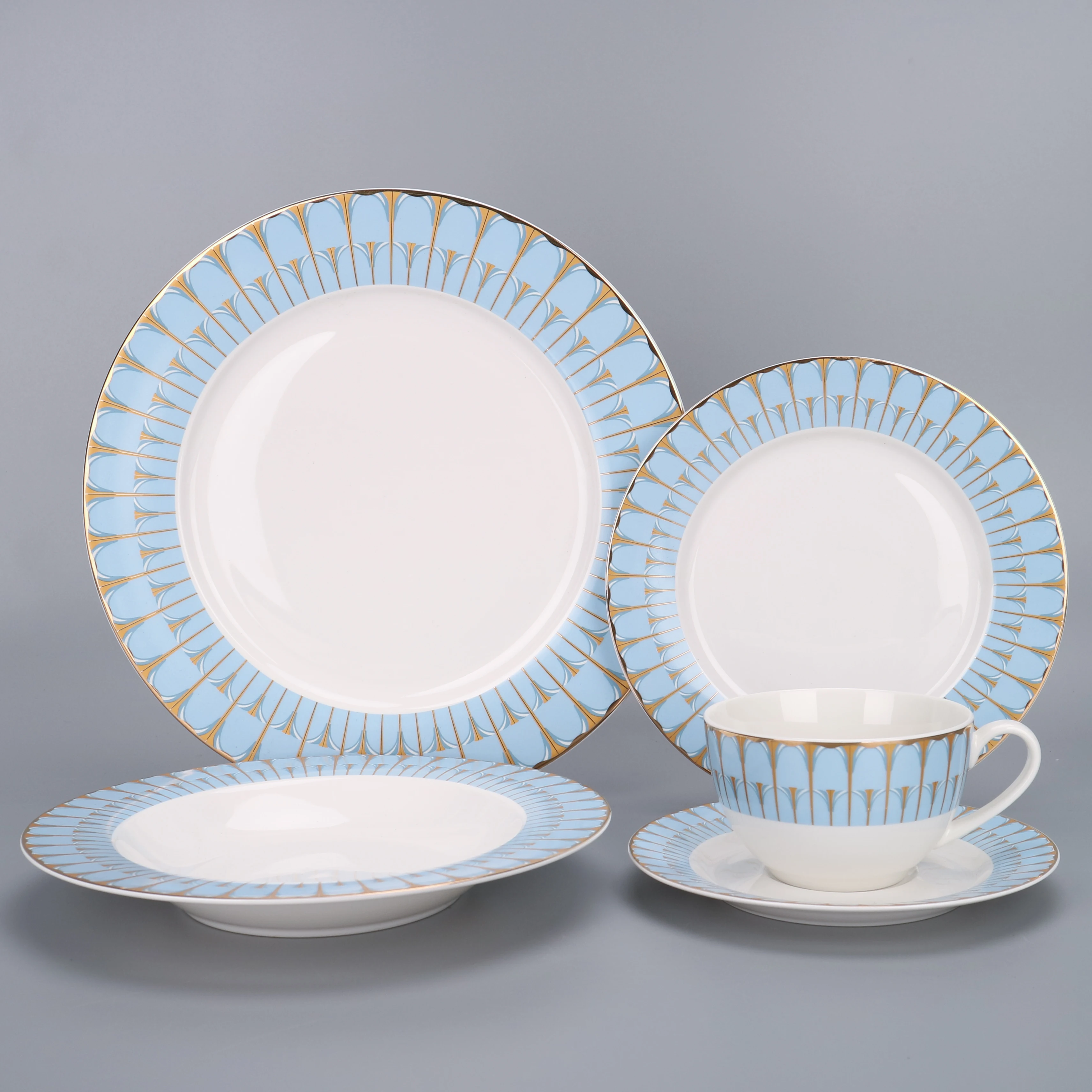 Embossed Golden Decal Fine Bone China Dinnerware Luxury Style Porcelain Plates Dinner Set