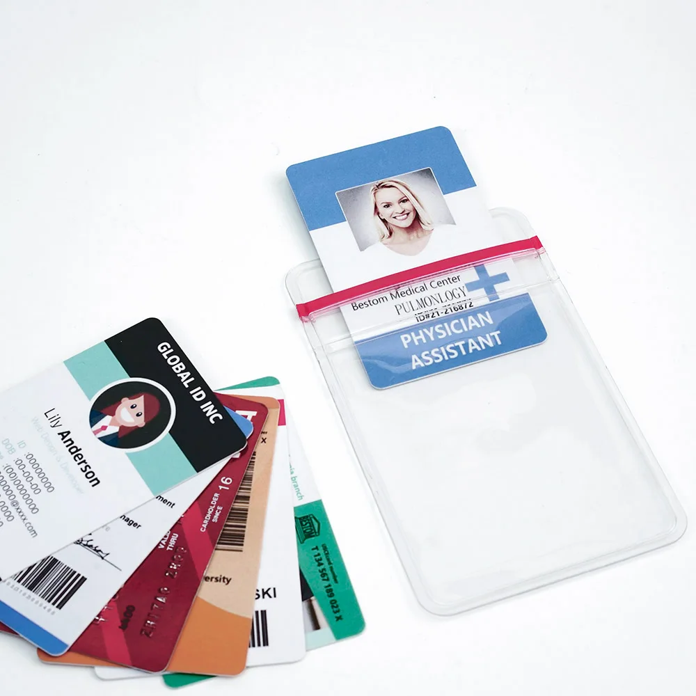 Wholesale MOQ100 Resealable Vertical Top Load  Waterproof Extra Thickness PVC Transparent Id Card Badge Holder Frosted Design