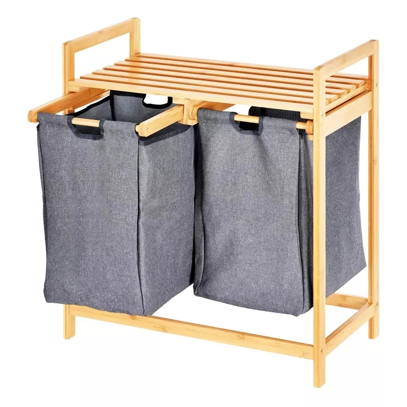 Bamboo Sideboard Dual Compartments Storage Laundry Hamper Bamboo Laundry Basket with 2 Extendable Laundry Bags