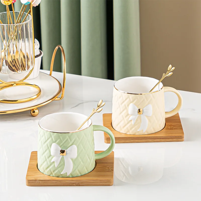 Creative European style ceramic round handle mug saucer with spoon saucer color glaze business gift  tea coffee cup