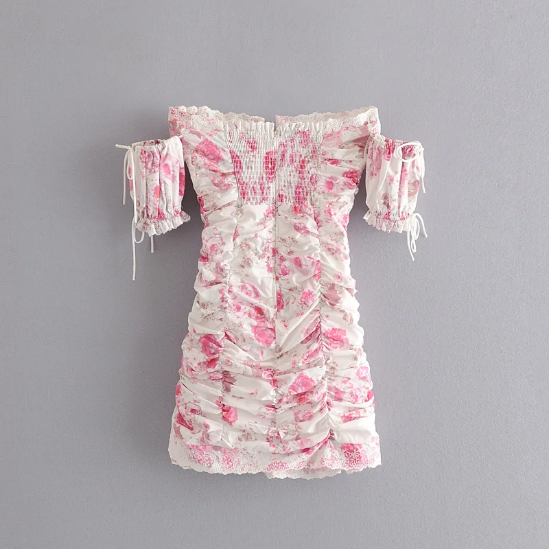 Lady Lantern Sleeve Cute Pink Flower Print Blouse With Mini Embroidery Skirt