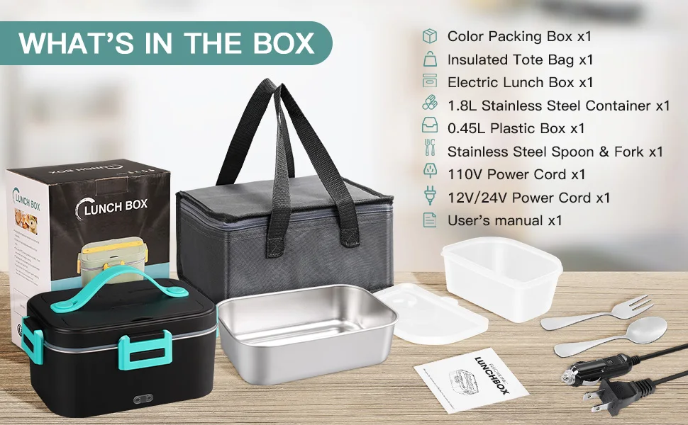 1.8L Electric Lunch Box 75W Household and Car Food Heater,12V/110V 304 Stainless Steel, Leak-proof Lunch Box