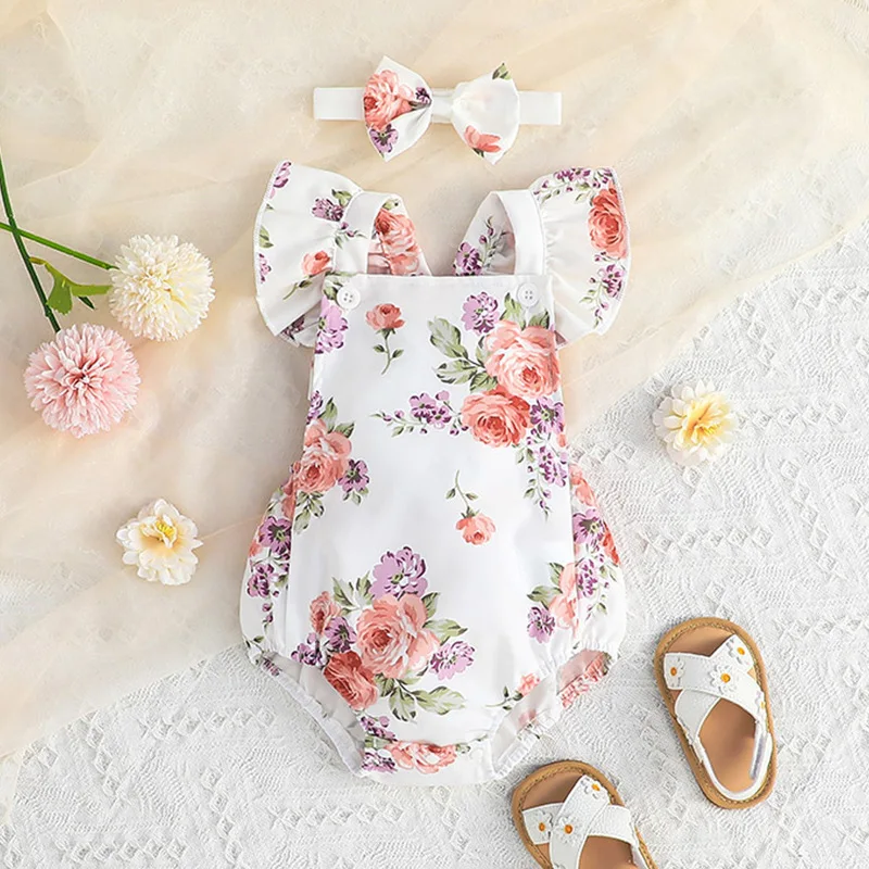 Baby Cute Triangle Sweetheart 2023 Baby and Toddler Summer New Print One Piece+Headband Two Piece Set