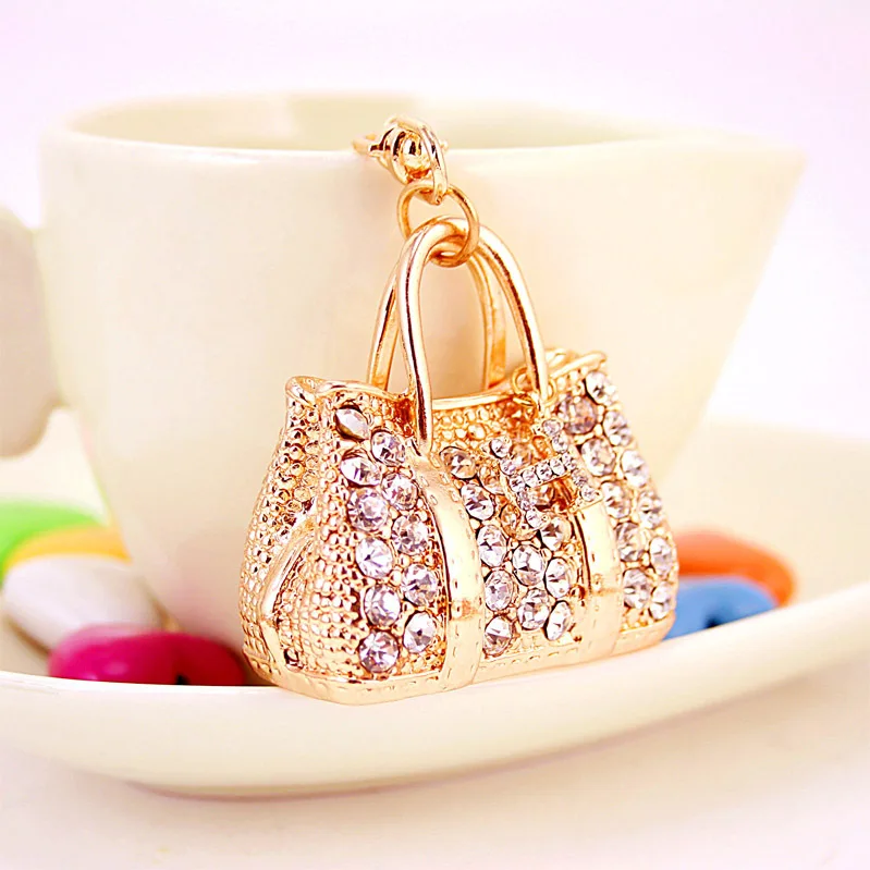 Hot Sale Creative Fashion Car Diamond-Encrusted Metal Keychain for Women Men Bags Pendant Handbag Rhinestone Key Ring Party Gift