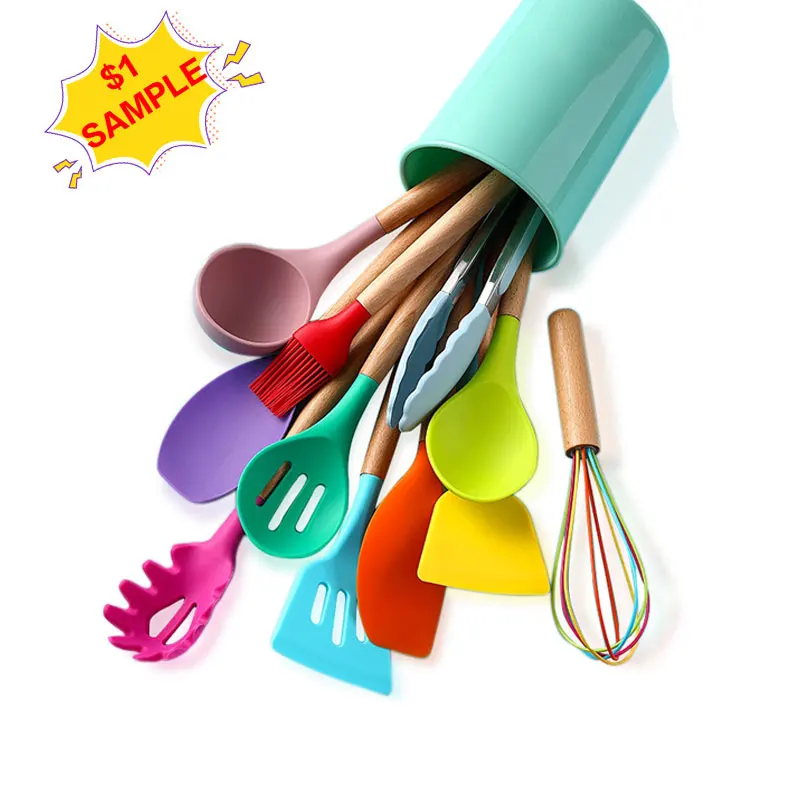 12Pcs Colorful Silicone Tongs Camping Kitchenware Cookware Cooking Tools Kitchen Accessories Utensils Set With Wooden Handle