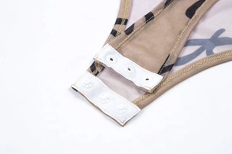 Private Label Custom sexy print long sleeve see though mesh bodycon Bodysuit for women