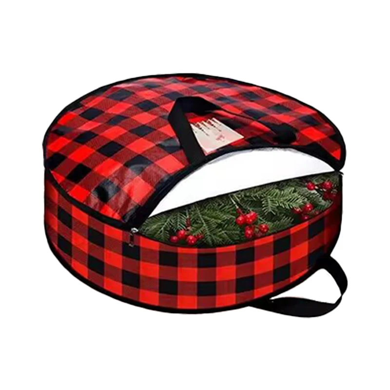 Round Buffalo Plaid Wreath Storage Bag Waterproof Christmas Tree Container
