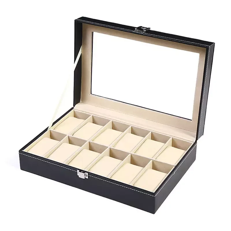 wholesales 12 slots watch box with cover open window display watch display box storage wrist watch leather case jewelry case