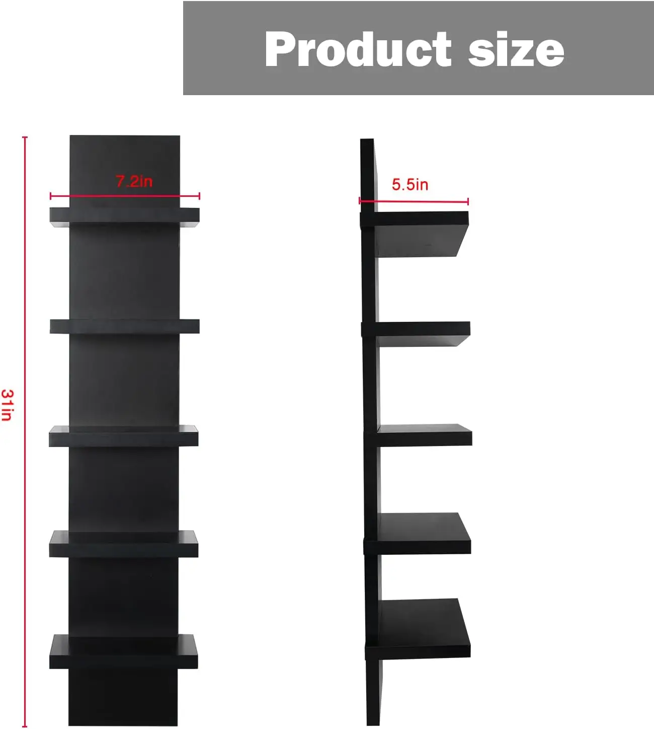 5Tier Wall Shelves Black,Vertical Column Shelf Floating Storage Home Decor Organizer Design Utility Shelving Bedroom Living Room