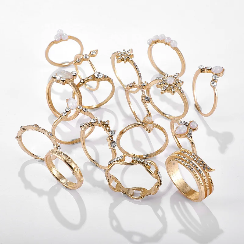 Boho 17pcs/sets Luxury Clear Crystal Stone Wedding Gold Finger Ring Sets for Women Men Water Drop Flowers Sun Geometric Jewelry