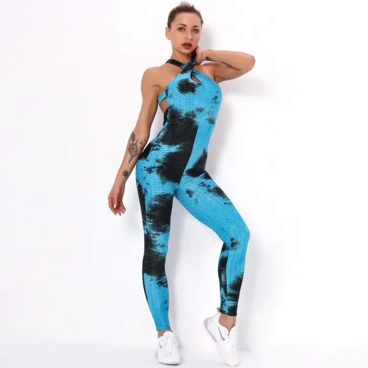Trendy Cross Strap Tie Dye Beauty Back Yoga Suit Female Sports Bubble Tie-Dye Print Legging Multi Color Hollow Jumpsuit Autumn