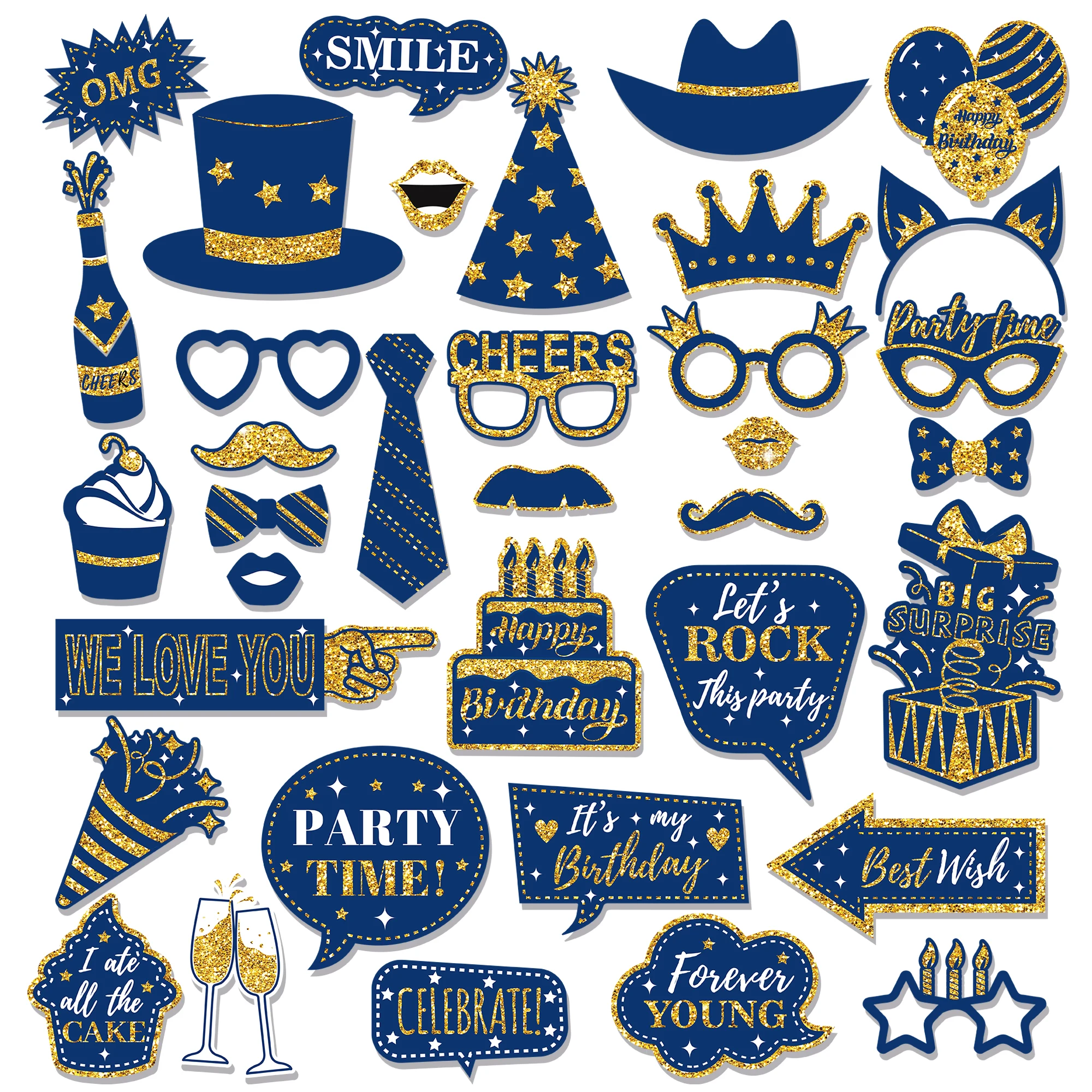 PZ307 Happy Birthday Photo Props Decoration Four Colors 36pcs Photo Booth Props for Kids Birthday Party Supplies