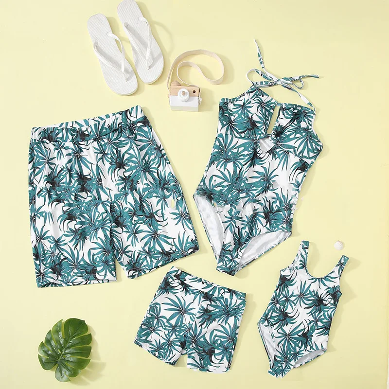 Family matching clothing Palm leaves swimwear beach wear for Mother Daughter Bikini Swimsuits Father Son Swim Shorts Beachwear