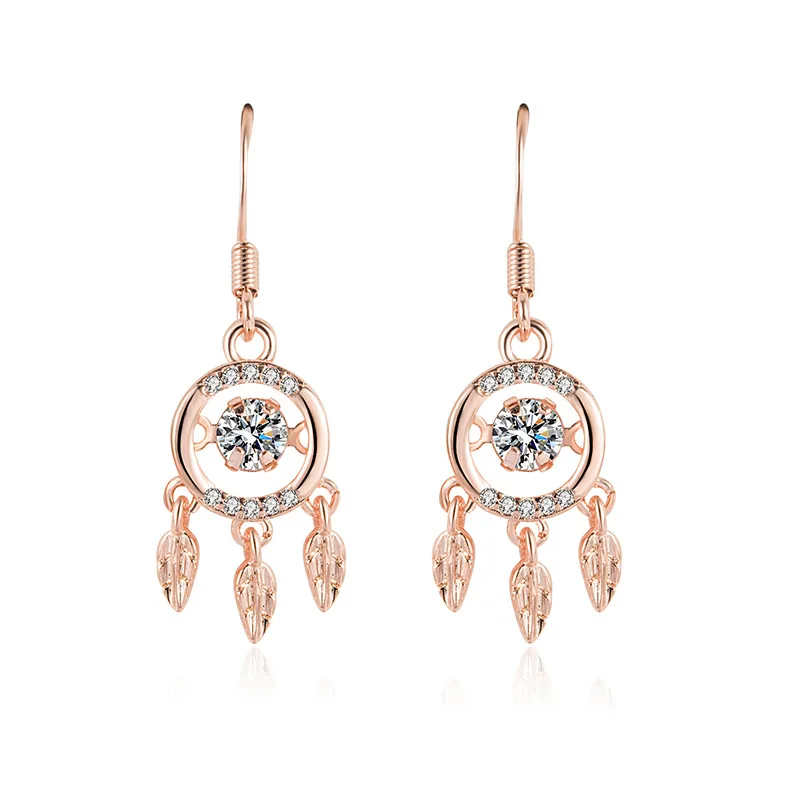 Women Vintage Blue Light Charm Tassel Feather Dangles Ear Stud Natural Grey Moonstone Dream Catcher Drop Earrings
