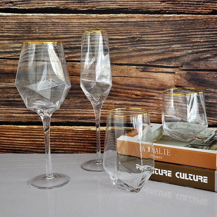 Elegant  diamond shape crystal  clear glasses with gold rim wine glass for wedding