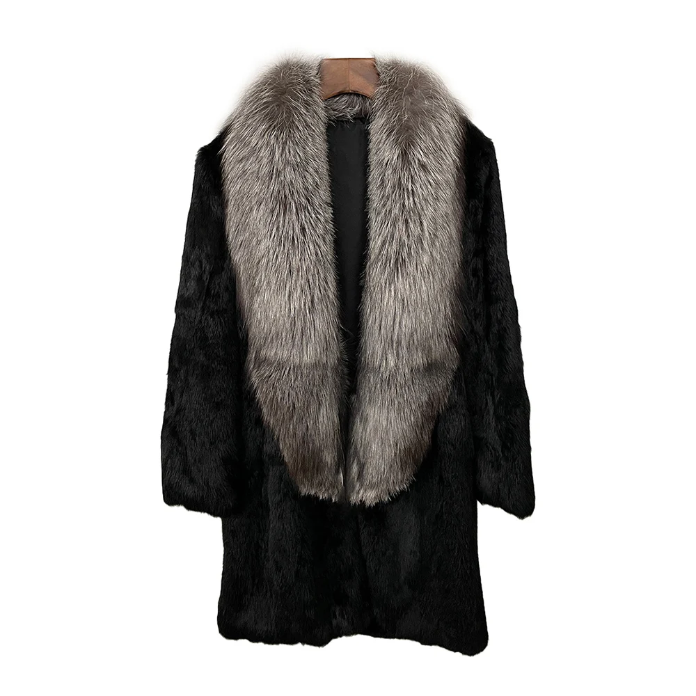 CX-G-A-302 Factory Price New Arrival Italian Natural Fox Fur Collar Rabbit Fur Coat Ladies