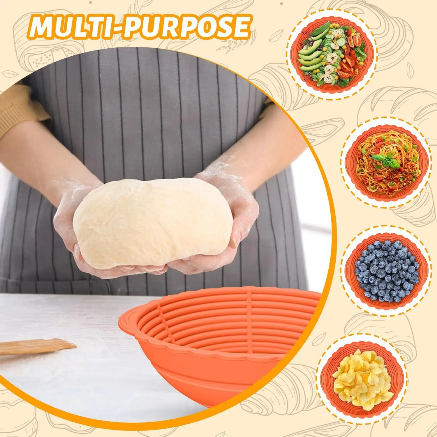 Custom Reusable Collapsible Sourdough Bread Baking Supplies Basket Foldable Silicone Bread Proofing Basket Set For Cooking