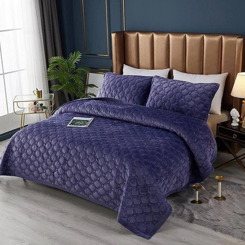 Ruffled Crystal Velvet Reversible Bedspread Coverlet Anti-slip Blanket Comforter Bed Cover Set