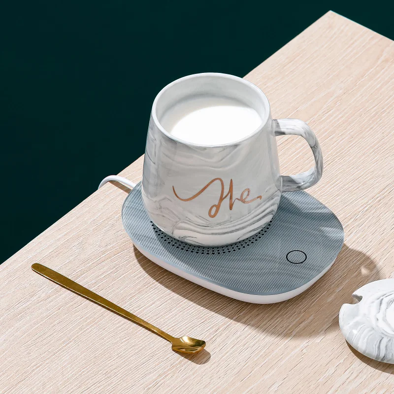 55 Degree Constant Temperature Heated Coffee Mug Warmer Cup Marble Pattern Ceramic Mug Set with Heating Pad
