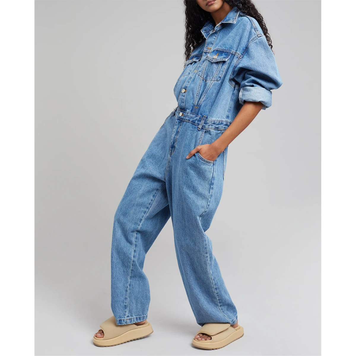 Custom One Piece Jeans Long Sleeve Stone Wash Girdling Denim Jumpsuit For Women