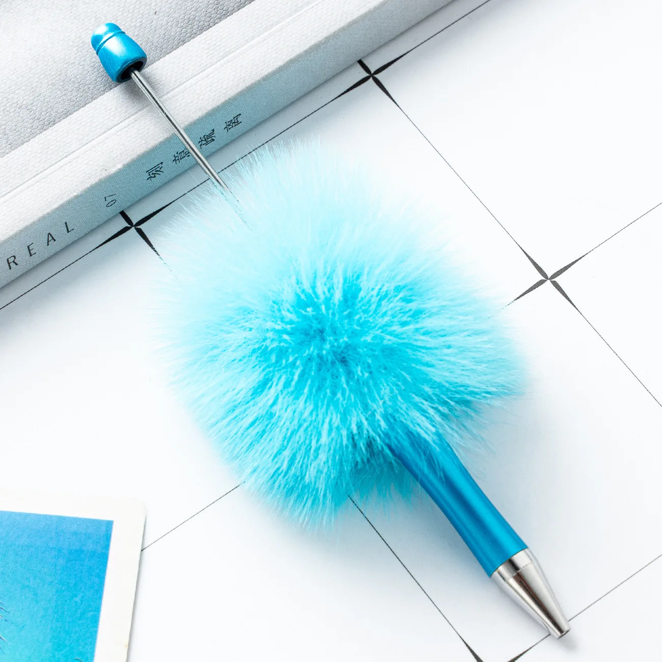 Cross border new cute plush ball bead pen multi-color plush ball bead pen gradient plush ball bead pen