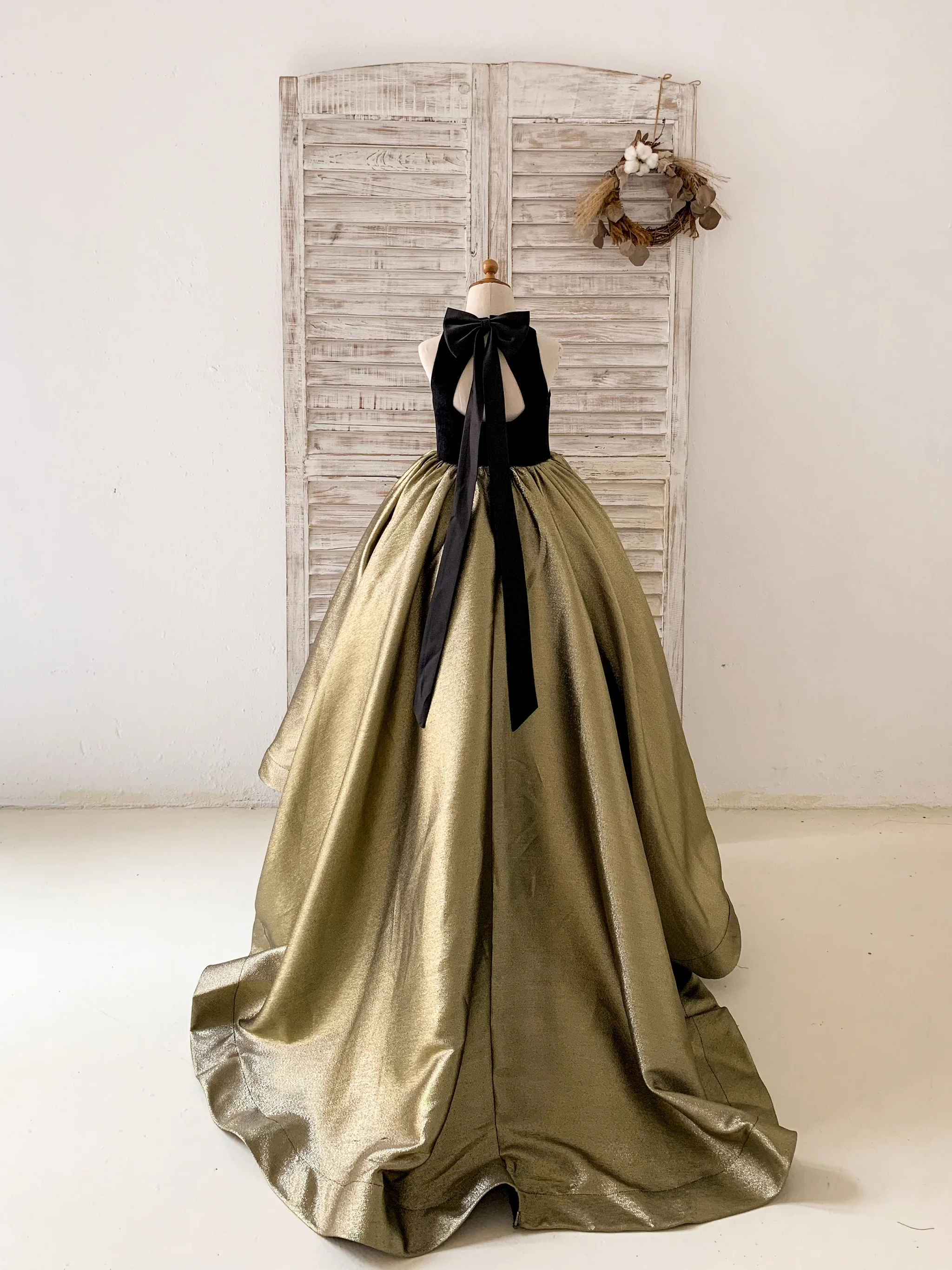 Black Velvet Gold Jacquard Wedding Flower Girl Dress Kids Princess Birthday Party Dress