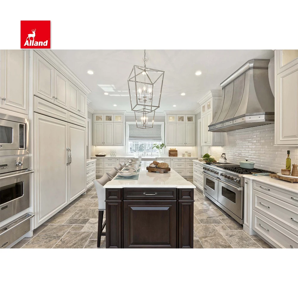 AllandCabinet Customized White Painted Nature Wood U Shaped Beaded Door Kitchen Cabinet with Shaker Style and Island Range Hood