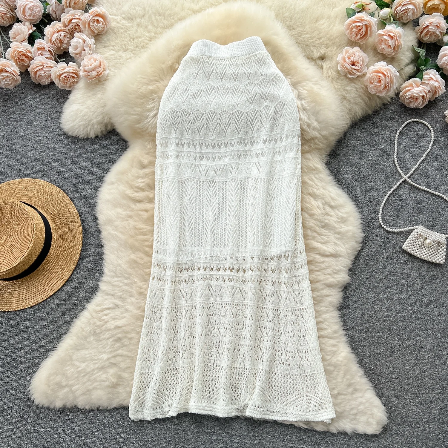 New Fashion Summer Slim Hollow Crochet French Long Knit Skirt