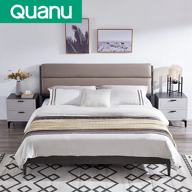 802702 Bedroom Furniture Double Size Wood Modern genuine leather upholstered bed
