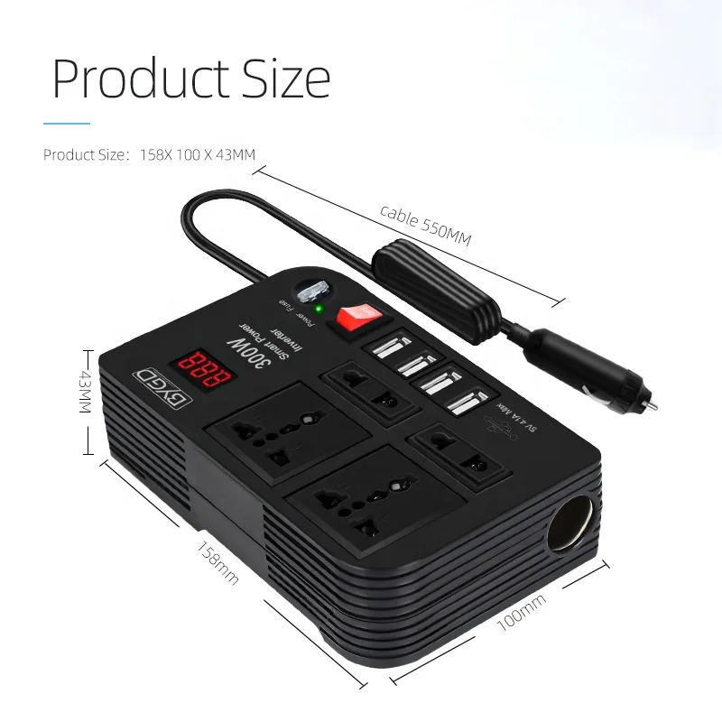 digital display voltage Portable 12V ac power inverter continuous 300w cheaper price car power inverter 3.1A USBX4 Output
