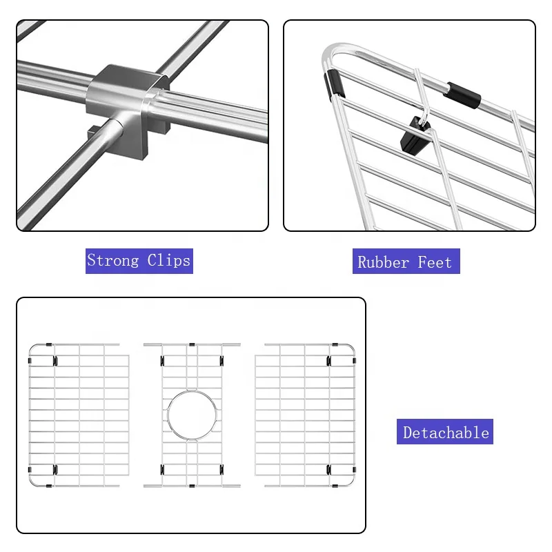 Detachable Stainless Steel Basin Rack Bottom Grid Kitchen Sink Protector For Dish Sink With Centered Drain For Single Bowl