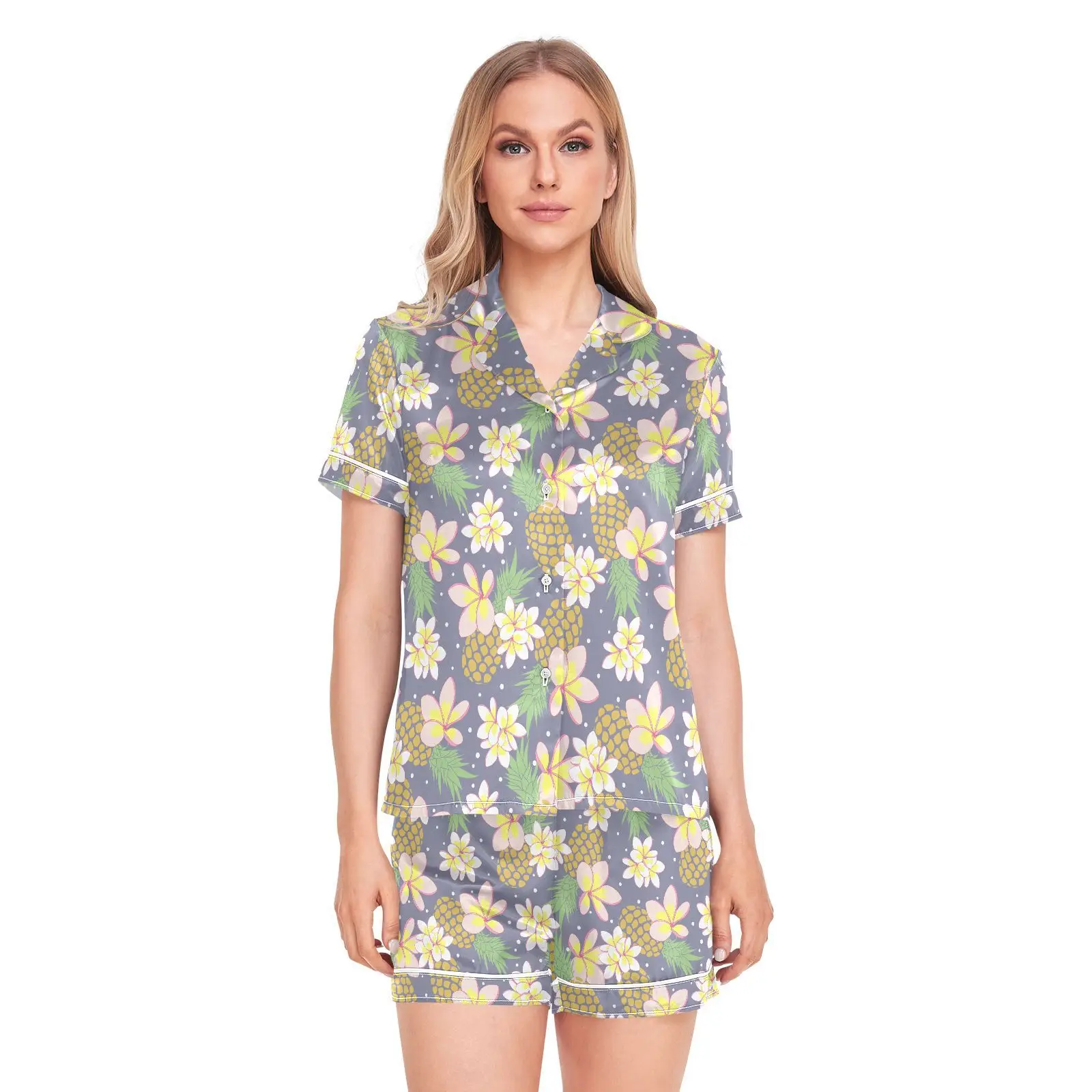 Aloha Plumeria Custom Design Silk Soft Pj Lounge Sets Womens Button Down Short Sleeve Pajamas Set Sleepwear For Summer