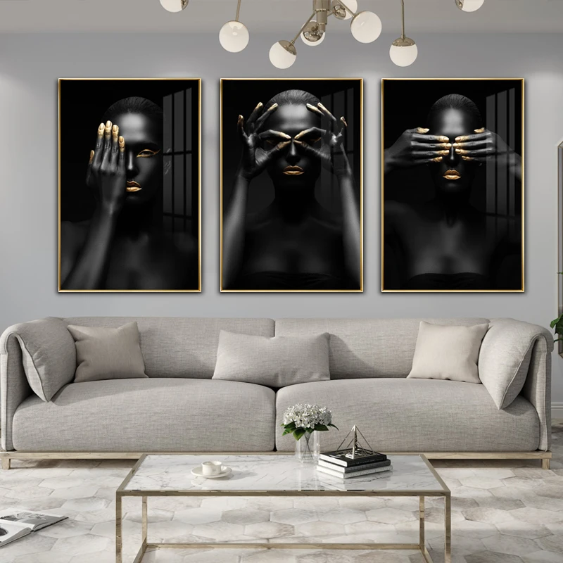 Black Gold African Modern Black Beauty Nordic Glass Luxury african Woman Crystal Porcelain wall painting