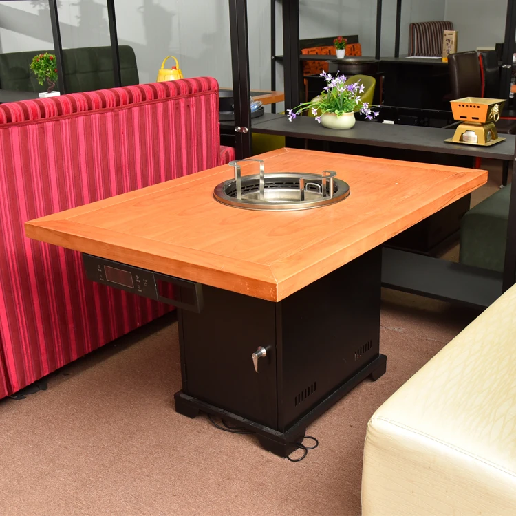 Restaurant Rectangle Metal Hot Pot Table with Wooden Top for Sale