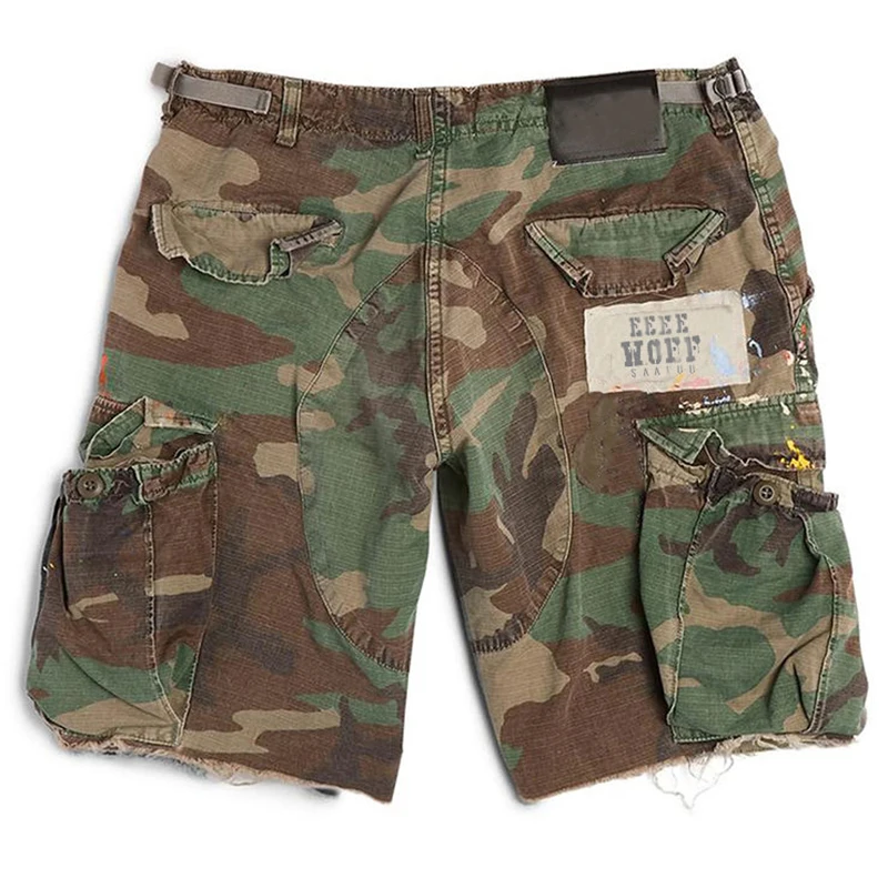 YSJY High street fashion elastic waist jean shorts men manufacturer custom logo distressed shorts denim camo shorts
