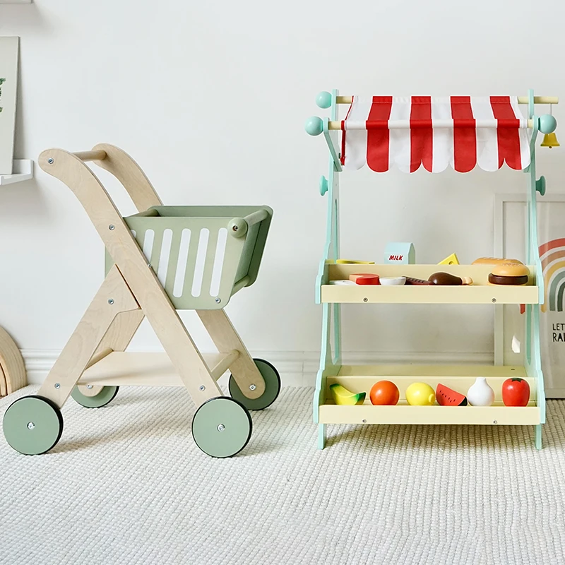 2022 New style hot selling simulation cookhouse supermarket toy children wooden shopping cart store set toys