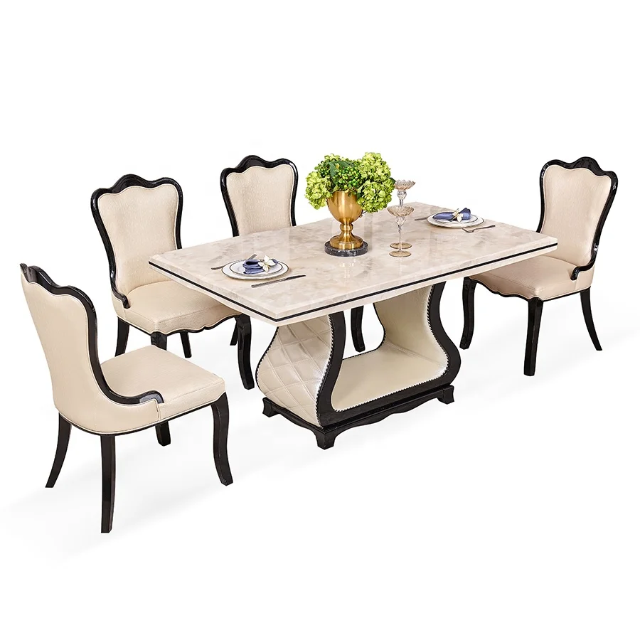 home luxury dinning table 4chairs indoor wooden frame square marble top dining woody table