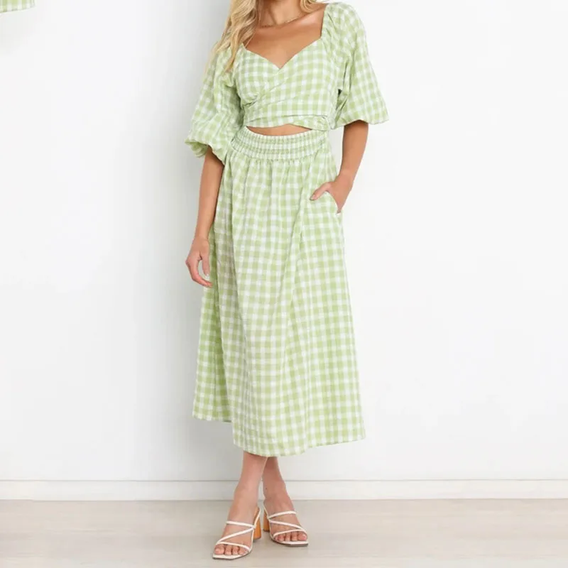 Summer Balloon Mid Sleeves Elastic Cuff Wrap V Neck Self Tie Cut Out Detail Shirred Waist Green Gingham Maxi Dress