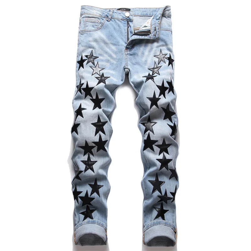 Design Streetwear Men Stars Patches Stretch Denim Jeans Tie Dye  Patchwork Pants Ripped Distressed Slim Straight Trousers