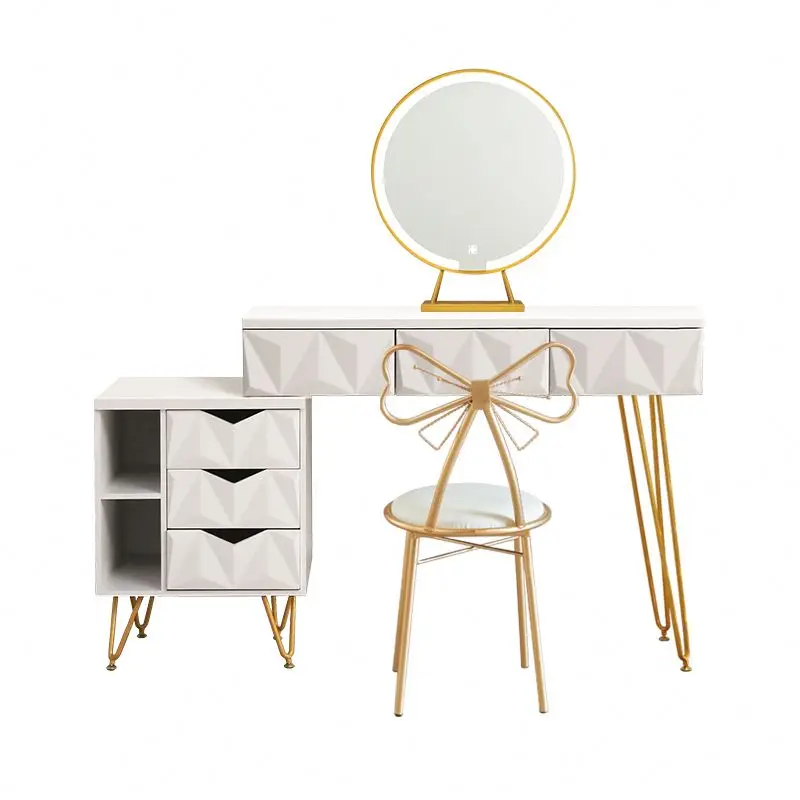 
Nordic With cabinet dressing table with mirror and stool Dressing table with 3 light effect LED mirrors Golden Iron Dresser 