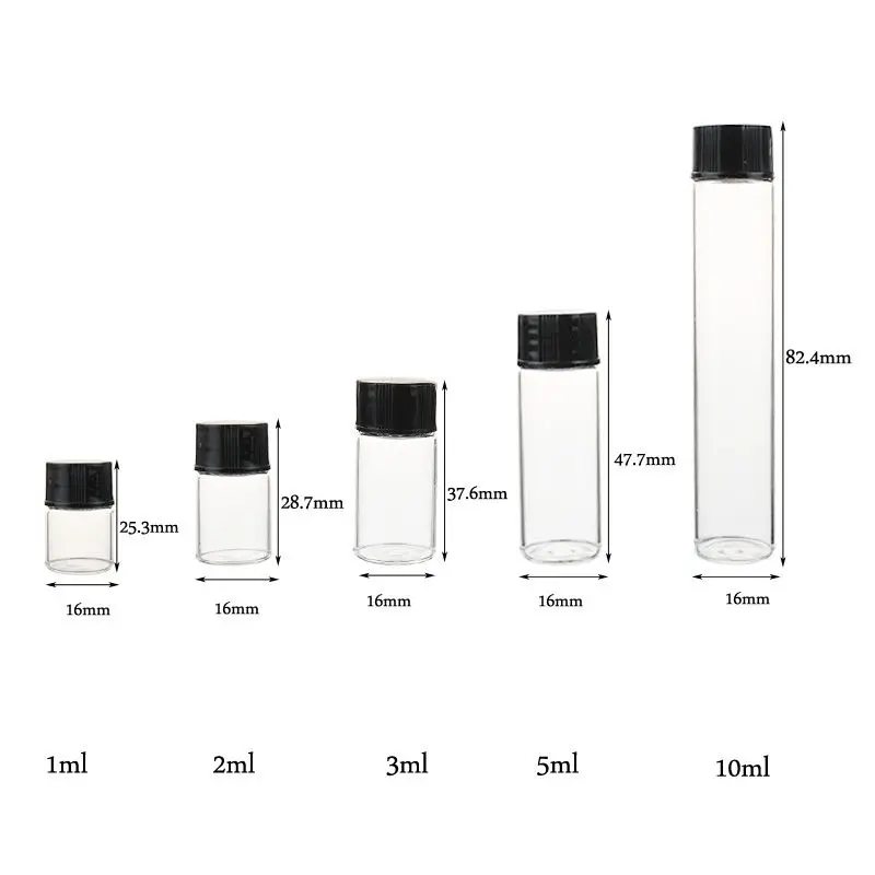 1ml 2ml 3ml 5ml 10ml Amber Clear Sample Test Glass Cosmetic Vials with Black Lids for Essential Oil