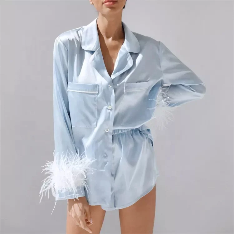 2022Christmas Snow Woman Nightwear Sleepwear Blue Detachable Long Sleeve Short Set Satin Pajamas For Women Silk Feather Pyjamas