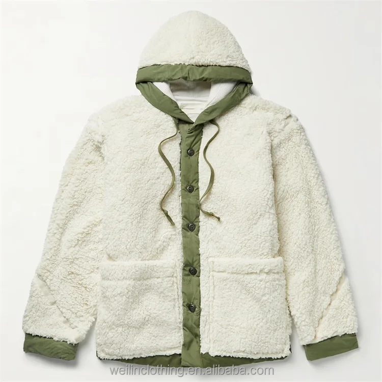 Custom contrast edging hooded fluffy sherpa fleece jacket for men