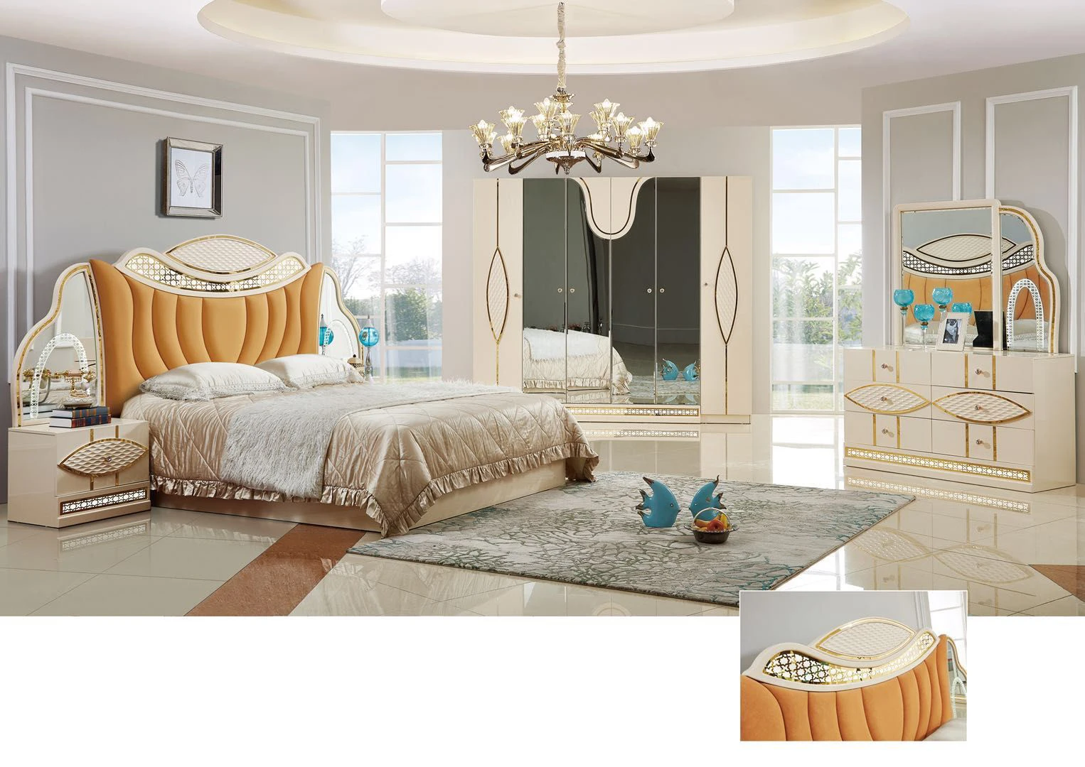 Винтажный дизайн, горячая Распродажа, набор мебели для спальни, синяя двуспальная кровать для спальни