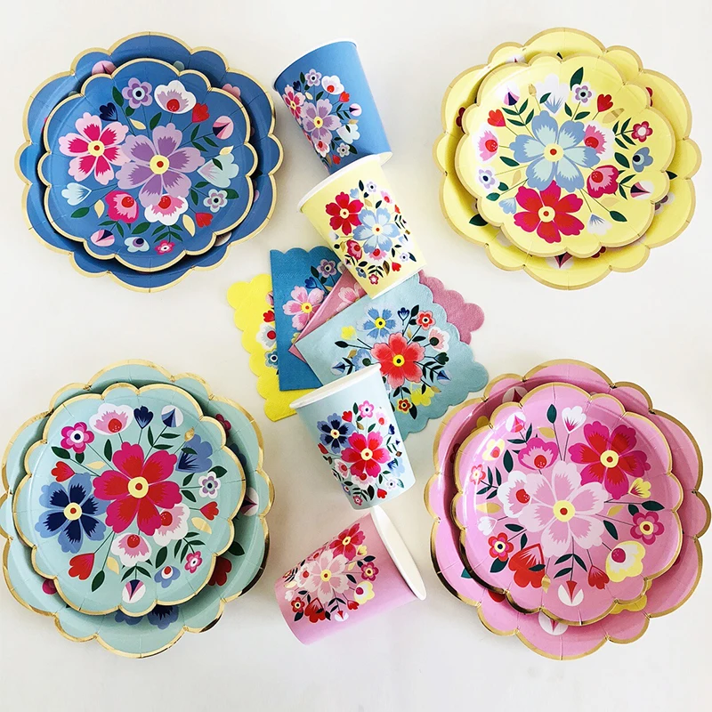 New Style Chinese Style Series Heteromorphic Flower Paper Plate And Cup Disposable Party Afternoon Tea Cake Tableware Plates
