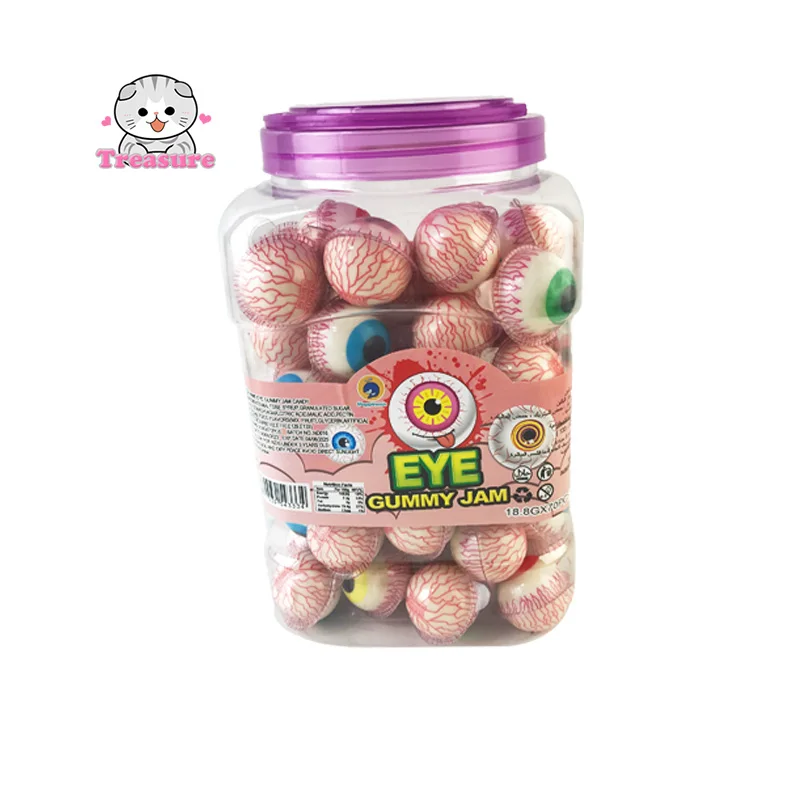 Hot selling halal  sweet soft chewy gummy candy fruit eyeball candy Jelly jam filled halloween candies