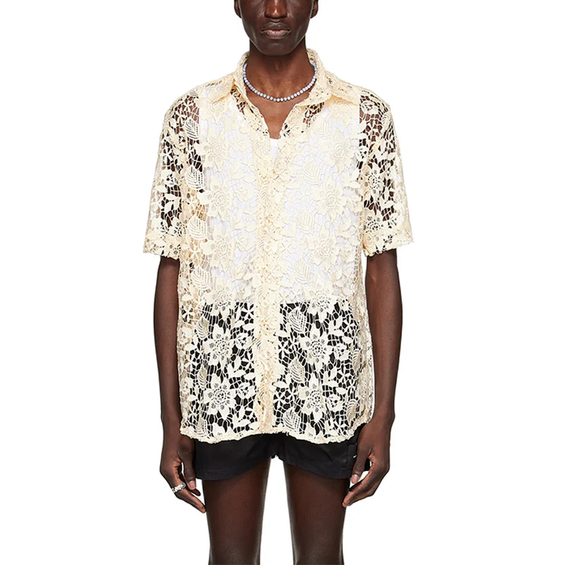 Button Hollow Out Lace Shirt Fashion High Quality Square Collar Short Sleeve Custom Men Beige Yellow Summer Flannel Fabric